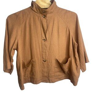 Pure jill Elements Brown Button-Up Linen Jacket Pockets 2X High Collar 3/4 Sleev